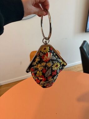 Ganni Black Floral Embroidered Ring Clutch